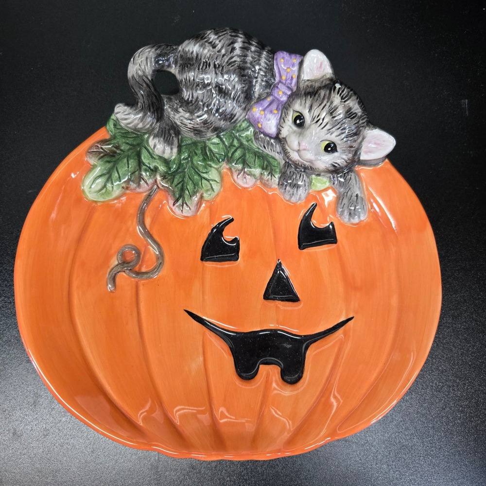 Fitz and Floyd Pumpkin Cat Plate Halloween Essentials Orange Gray 8" Decor